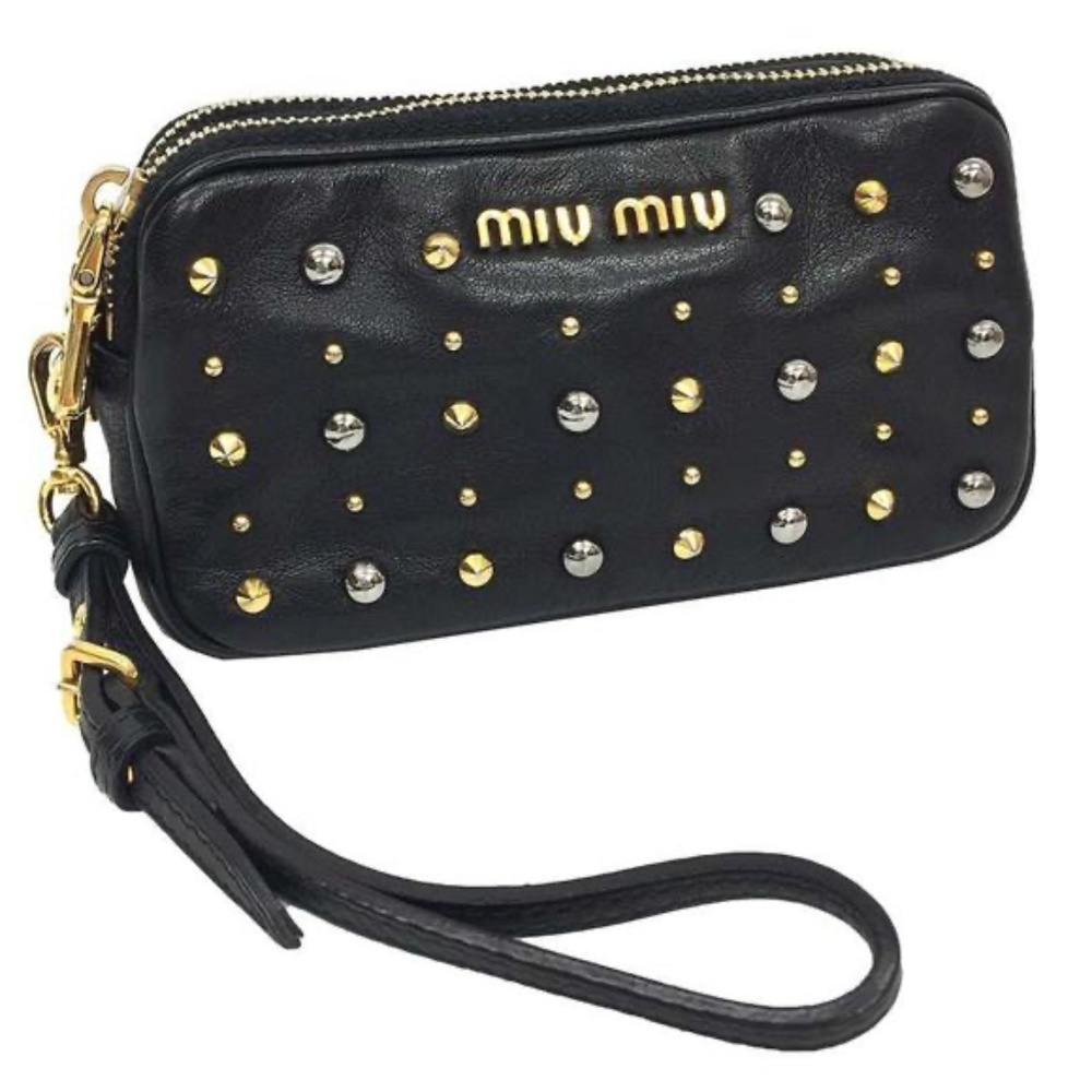 Miu Miu Black Leather Clutch Purse with Gold and Silver Studs